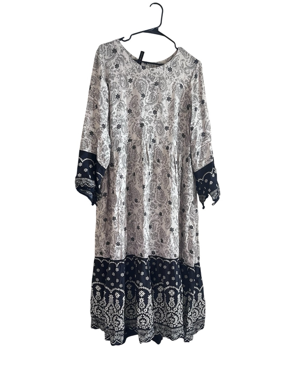 Bohemian Black & White Paisley Long Sleeve Maxi Dress